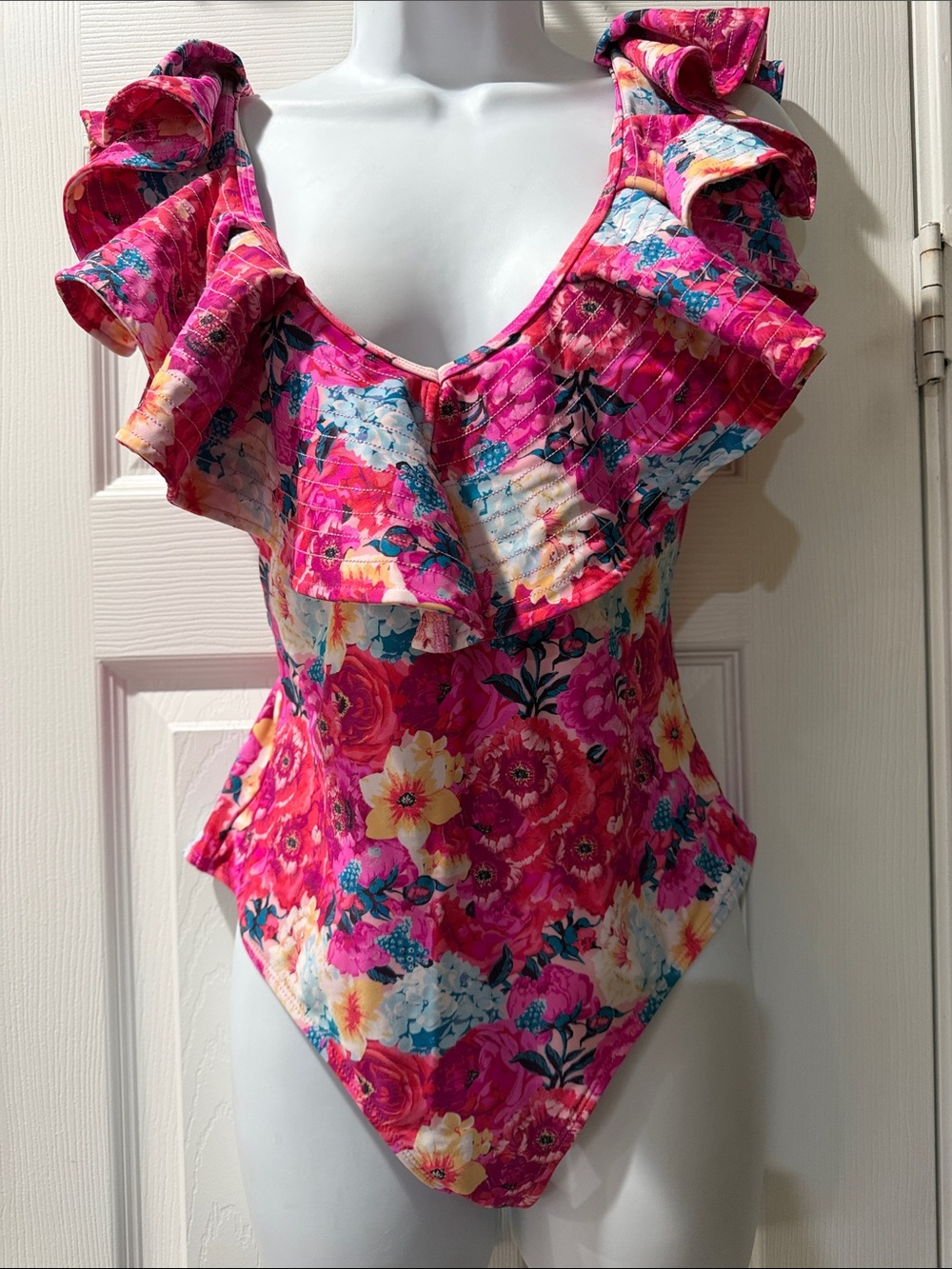 Buddylove Ruffled Floral One-Piece Swimsuit - Bright Pink Floral Sz M